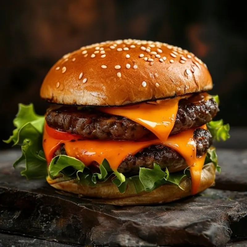 Cheeseburger vom Holzkohlegrill mit Flammen am Rand