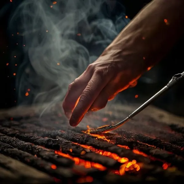 Hand mit Grillzange über glühender Holzkohle, Funken steigen auf